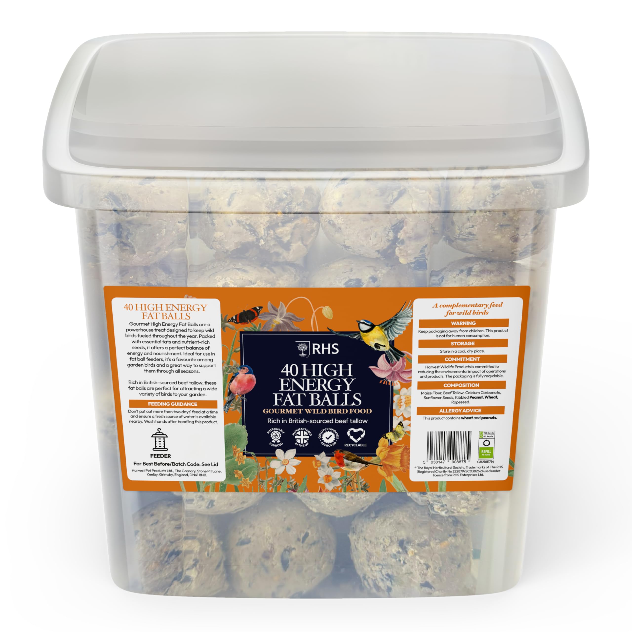 RHS Gourmet High Energy Fat Balls for Wild Birds, 40 Tub - Premium Suet Bird Feed with British-Sourced Beef Tallow & Seeds - Complementary Bird Food - Attracts a Variety of Garden Birds