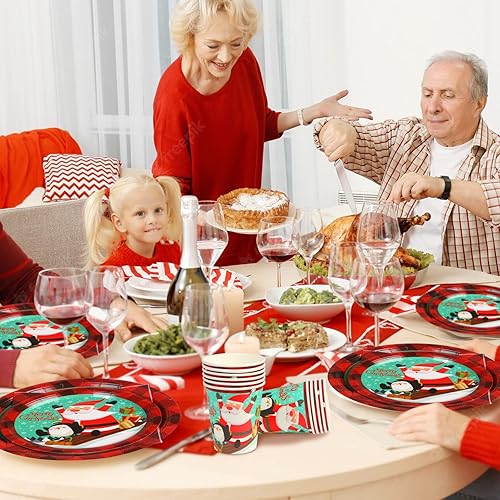 Miniatura 6 de DIYASY Platos y servilletas de papel de Navidad, paquete de 96 platos desechables, platos de cena de postre de Navidad resistentes a granel para 24