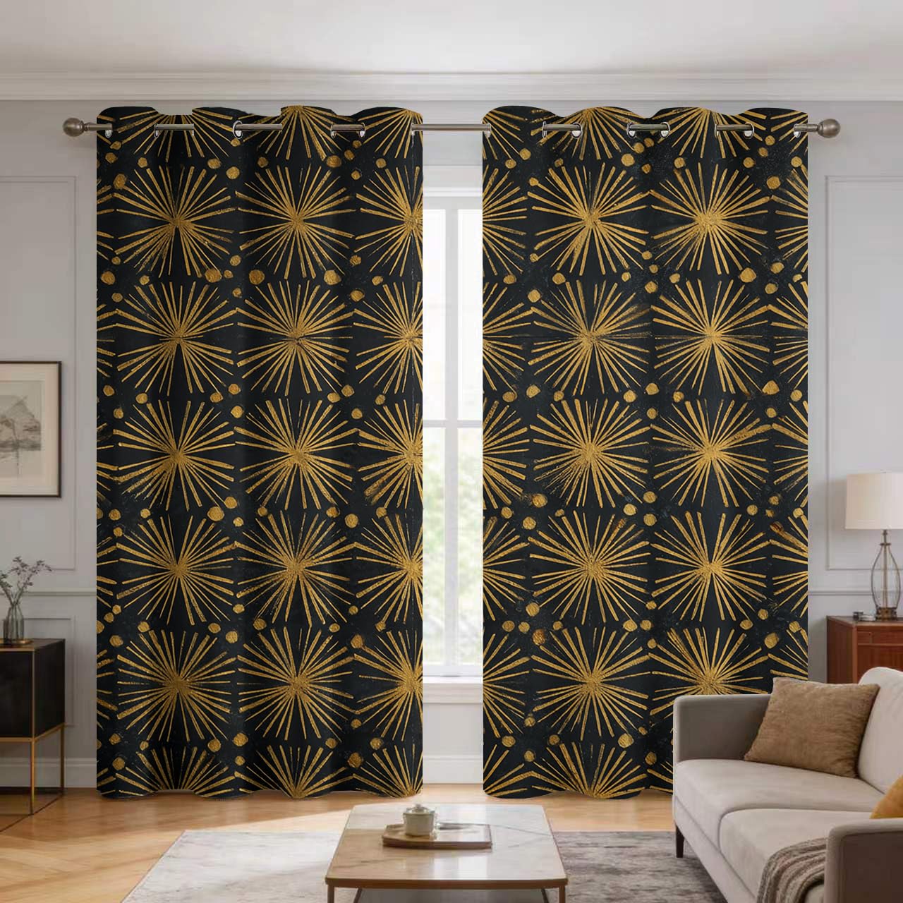 Rideaux motif noir doré géométrique pour bloquer la lumière du jour