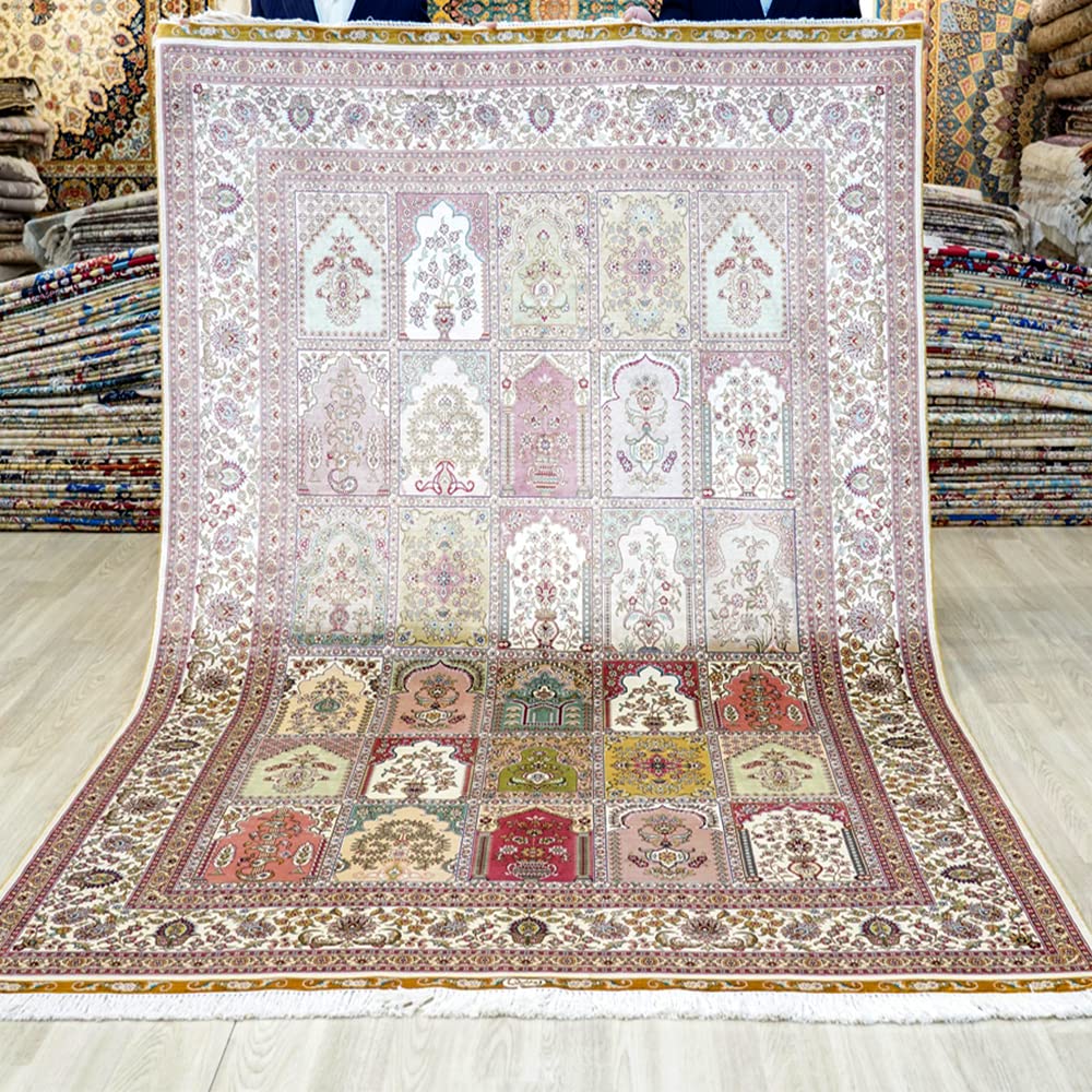 Yuchen Rug Silk Carpet 5 5x8 Beige Handwoven Season Garden Vintage Antique Luxury Oriental Silk Area Rug for