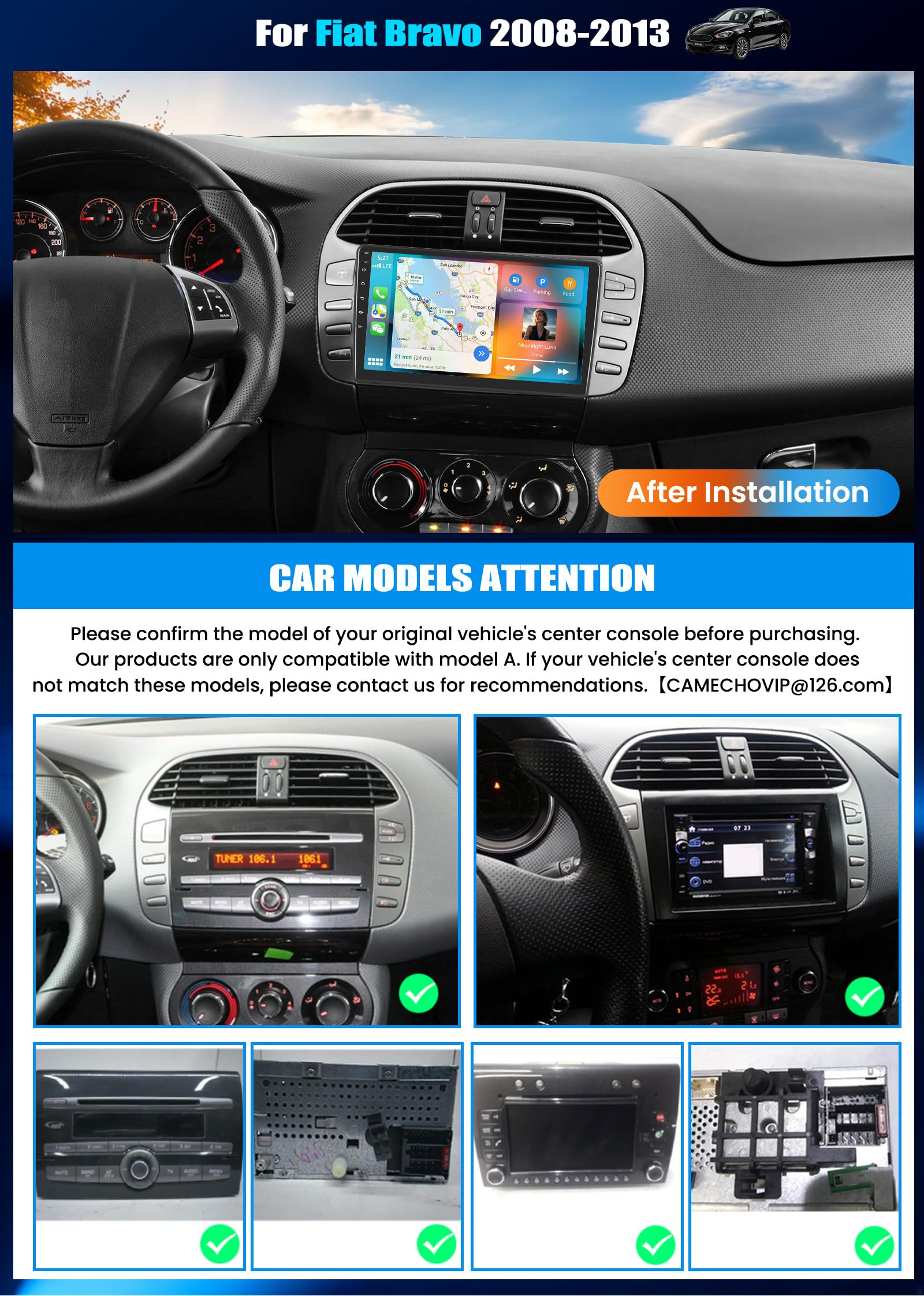 CAMECHO 2+64G Android 15 Carplay Autoradio per Fiat Bravo 2008-2013, Nav Wireless Carplay Android Auto, Schermo da 9" Radio WiFi Bluetooth Mirror Link FM/RDS EQ GPS