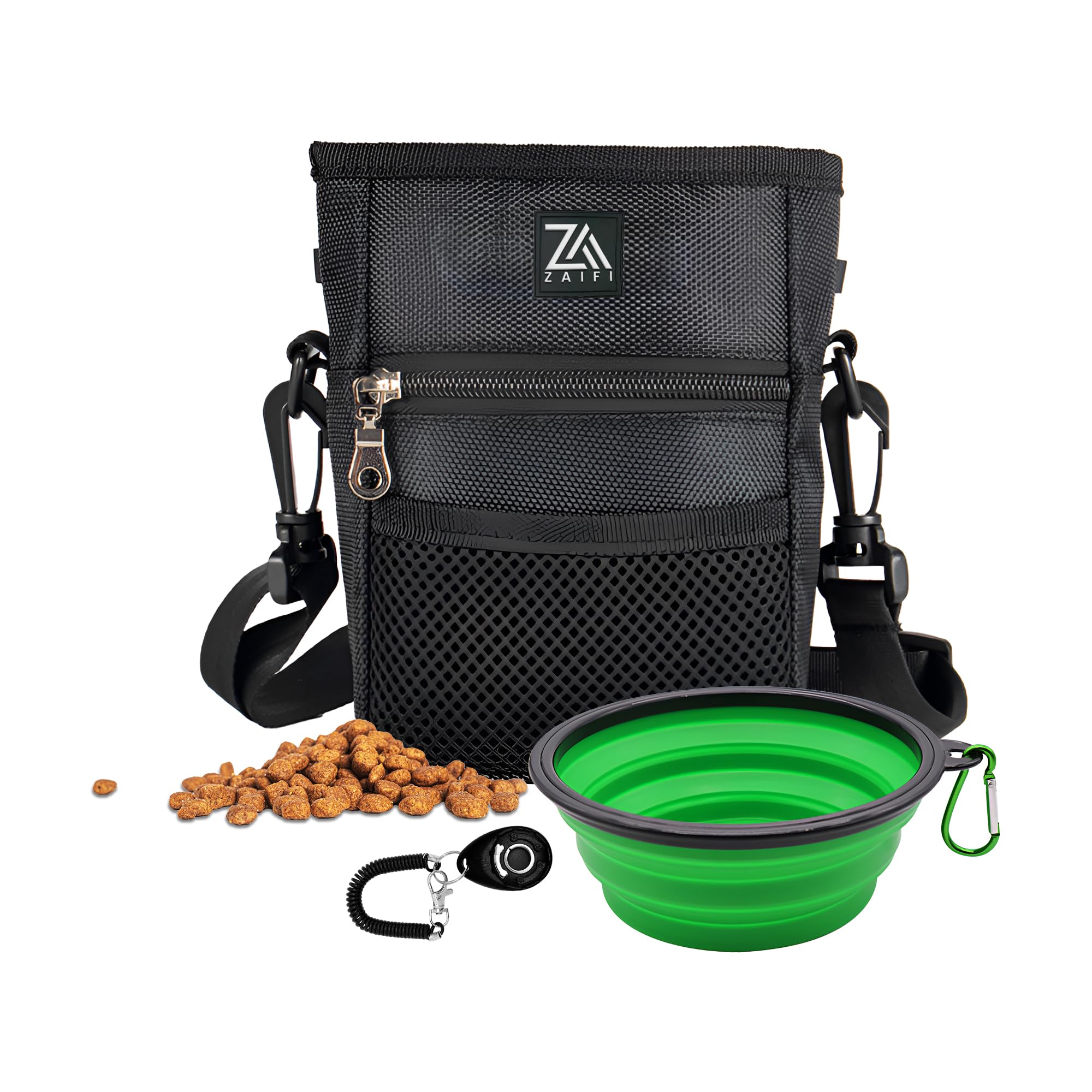 Zaifi 3 Cup Dog Treat Pouch and Training Clicker, Dog Walking Bag Waterproof with Collapsible Bowl