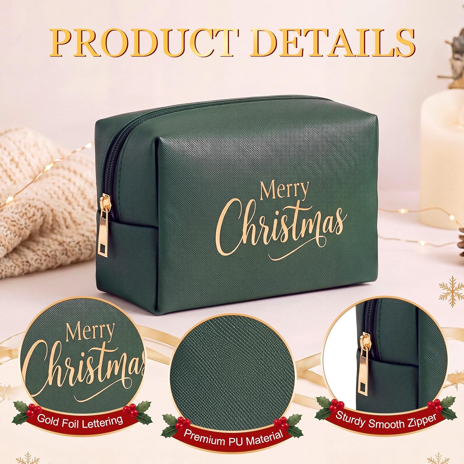 Kigeli 10 Pcs PU Leather Makeup Bags Bulk Small Cosmetic Pouch with Zipper Christmas Gold Foil Gift Waterproof Mini Toiletry Bag for Purse Aesthetic Travel Organizer for Girls Women(Green) image 5