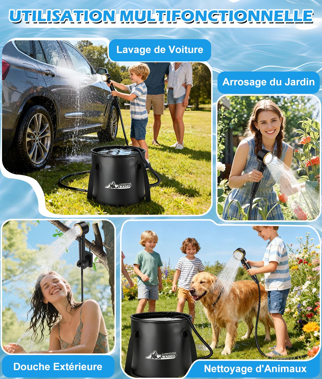 WADEO Douche Portable pour Camping, Pompe de Douche Rechargeable 8000mAh, Seau Pliable de 20L, 5 Modes de Douche et Étanche IPX8, Douche Extérieure pour Randonnée, Voyages, Voiture, Animaux