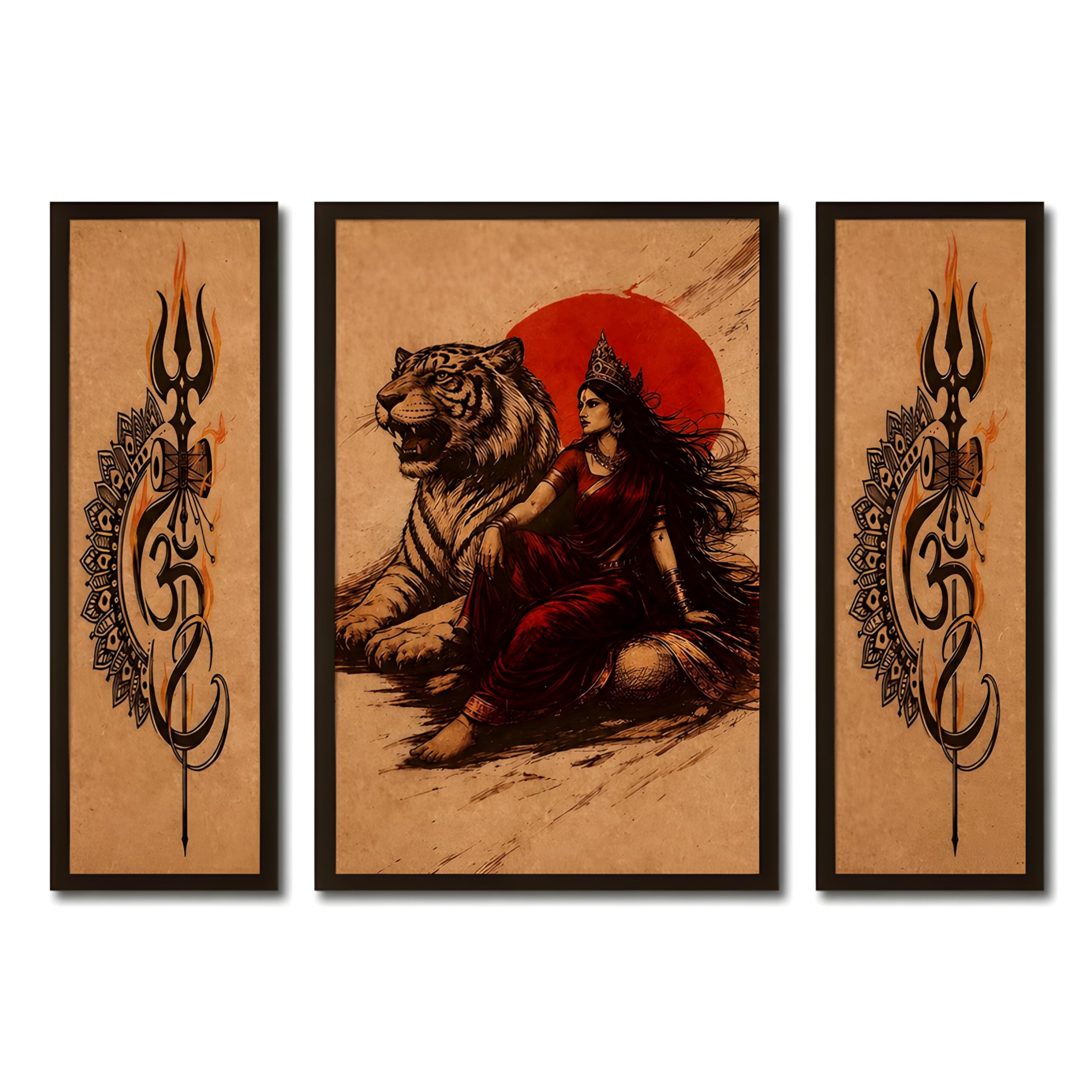 BOLD & YOUNG TEES Goddess Durga with Tiger MDF Art Board Set of 3, Laminated Wooden Finish, 12x16 Inch Combined-image-31