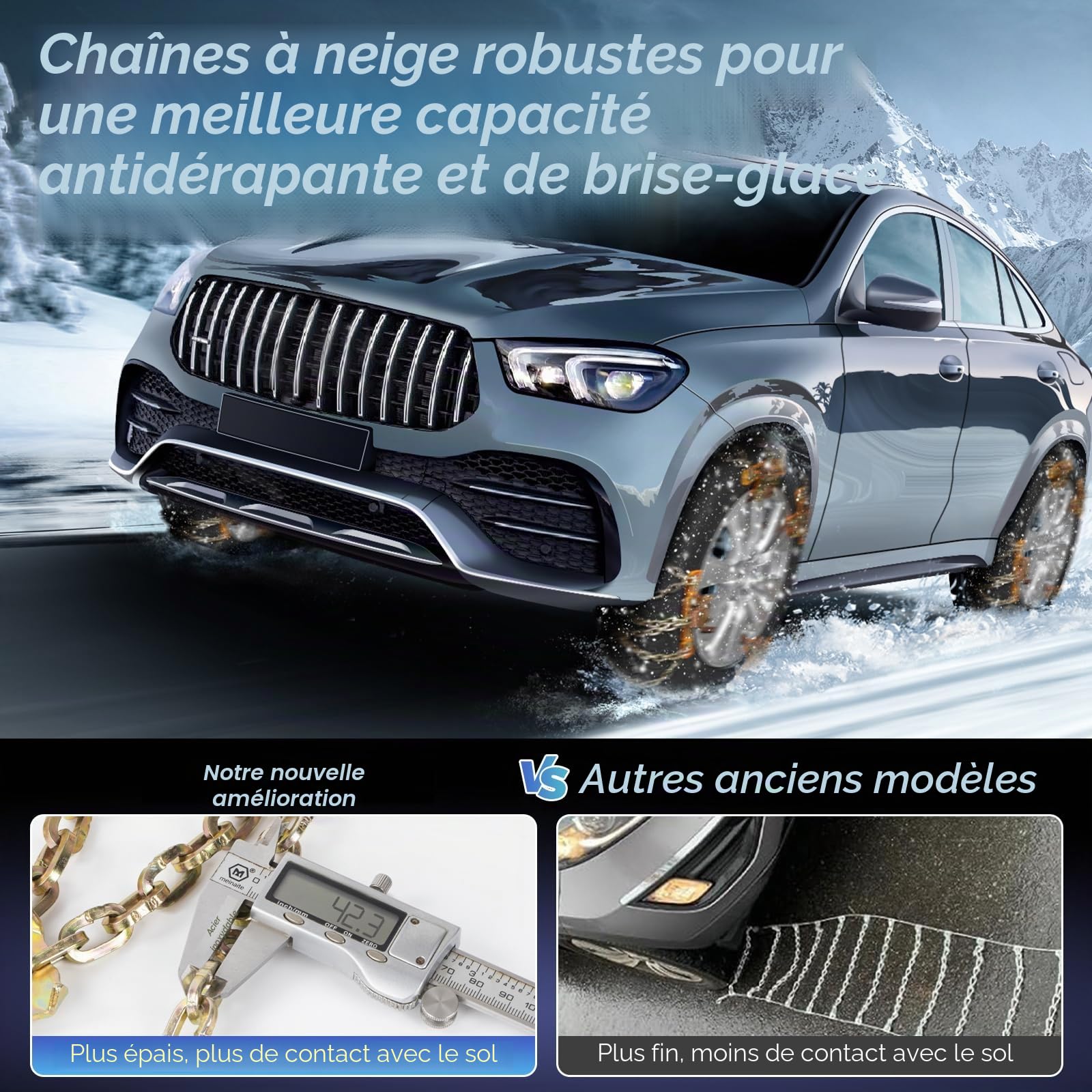 Chaînes à Neige 4pcs Réglables et Robustes pour Voitures, Camions, SUV - Largeur 165-265mm - Avec Pelle à Neige en Plastique et Gants