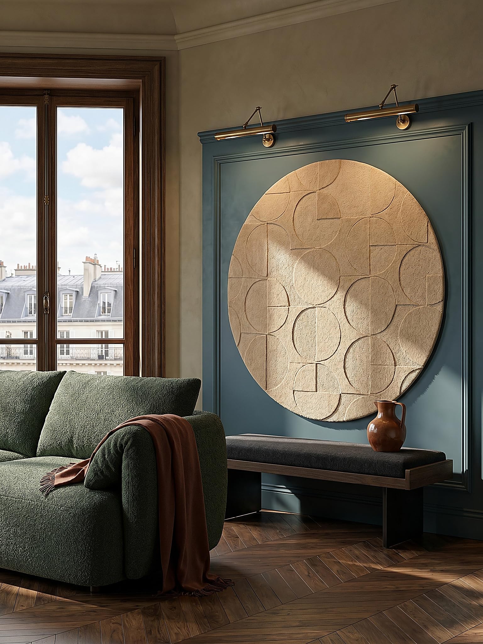 Tapis en Laine Motif Géométrique Dense et Robuste Naturel Ø 160 cm Rond Salle à Manger | DEBEN