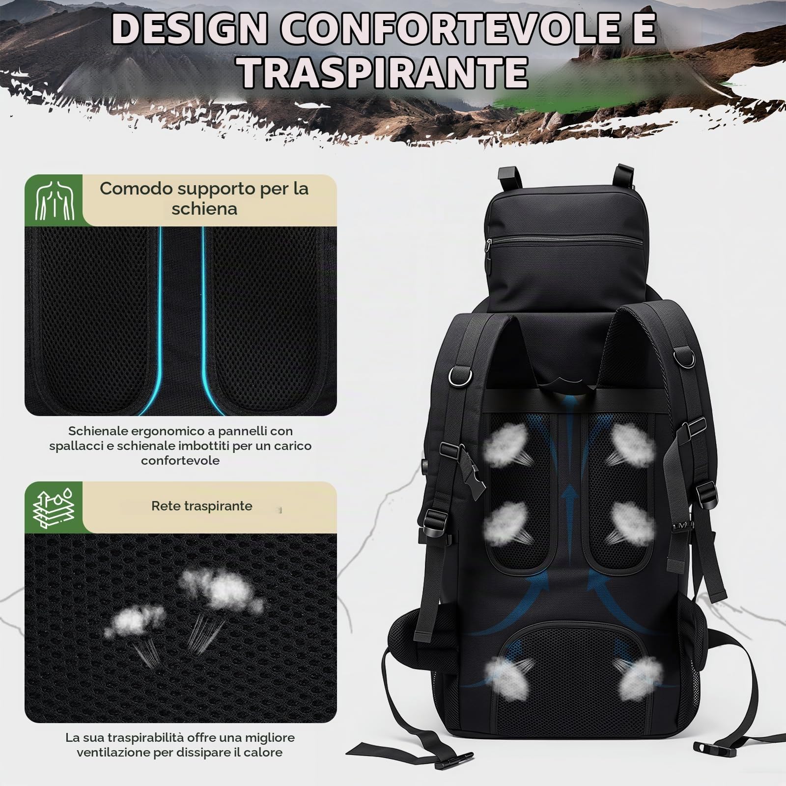 90L Zaino da Escursionismo Trekking Campeggio Viaggio Grande Impermeabile per Uomo Donna, Zaino Montagna Borsa da Viaggio con Multi-scomparti per Alpinismo Arrampicata Campeggio e Turismo