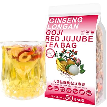 Plant Gift 50 Cups Ginseng Longan Goji Tea Bag  REN SHEN GUI YUAN GOU QI HONG ZAO CHA 10.57oz 6g*50bags/300g Longan, Rose Natural Mixed Herbal Combination of Floral Tea