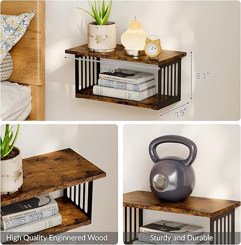 Miniatura 2 de Juego de 2 mesitas de noche flotantes, estantes flotantes de 2 niveles montados en la pared, mesa de noche flotante estante de pared, estantes de