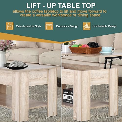 Miniatura 5 de PayLessHere Mesa auxiliar elevable con compartimento oculto y estante de almacenamiento, mesa de comedor de madera para sala de estar, hogar,
