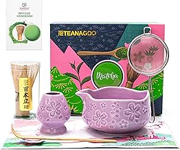 TEANAGOO Lot de 7 fouets à matcha violets avec motif fleurs de cerisier, kit complet de cérémonie, bol Chawan en céramique avec bec, fouet et accessoires, service à thé matcha traditionnel pour lattes
