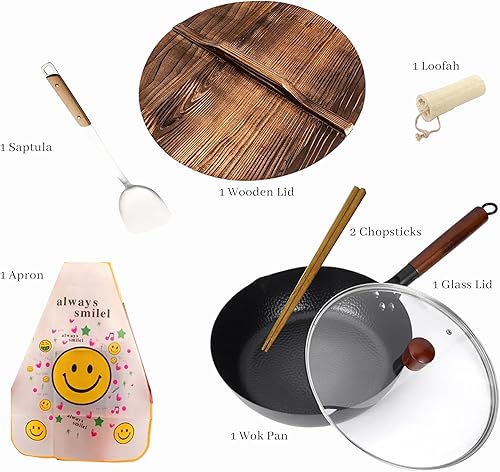 Miniatura 5 de Royal Tag Sartén wok de acero al carbono de 13 pulgadas con tapas (1 vidrio + 1 madera) y espátula, 8 piezas woks y sartenes para freír sin