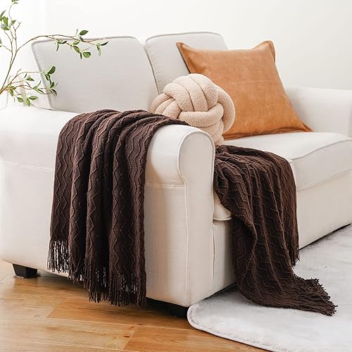 Miniatura 6 de BATTILO HOME Manta marrón oscuro para sofá, manta bohemia para decoración del hogar, manta decorativa de punto chocolate para silla, sofá, cama, 50