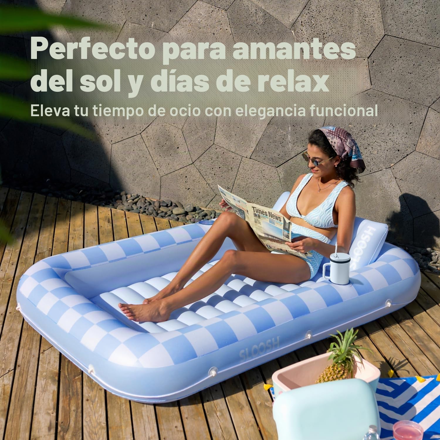 SLOOSH Flotador inflable para alberca bronceadora, 70 x 46 pulgadas, flotadores de piscina para adultos con almohada, flotador 4 en 1, balsa de bronceado, cama para tomar el sol para tomar el sol para