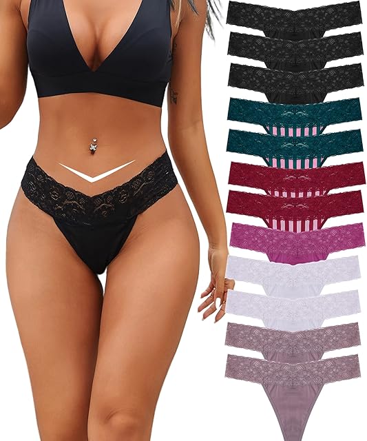 BeReady Bawełniane stringi damskie koronkowe majtki damskie w kształcie litery V, oddychające, No Show Thong, wielopak, 6/12 sztuk