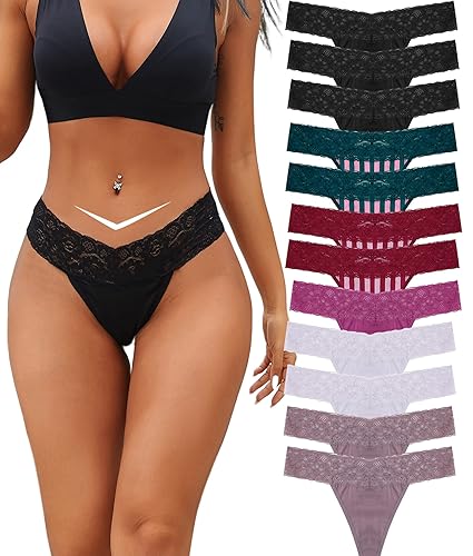 BeReady Cotton Thongs for Women Lace Underwear Women Bikini Thong Knickers for Women Sexy Ladies Panties Hipster Multipack - XL - Black/Green/Red/White/Khaki/Rose Red