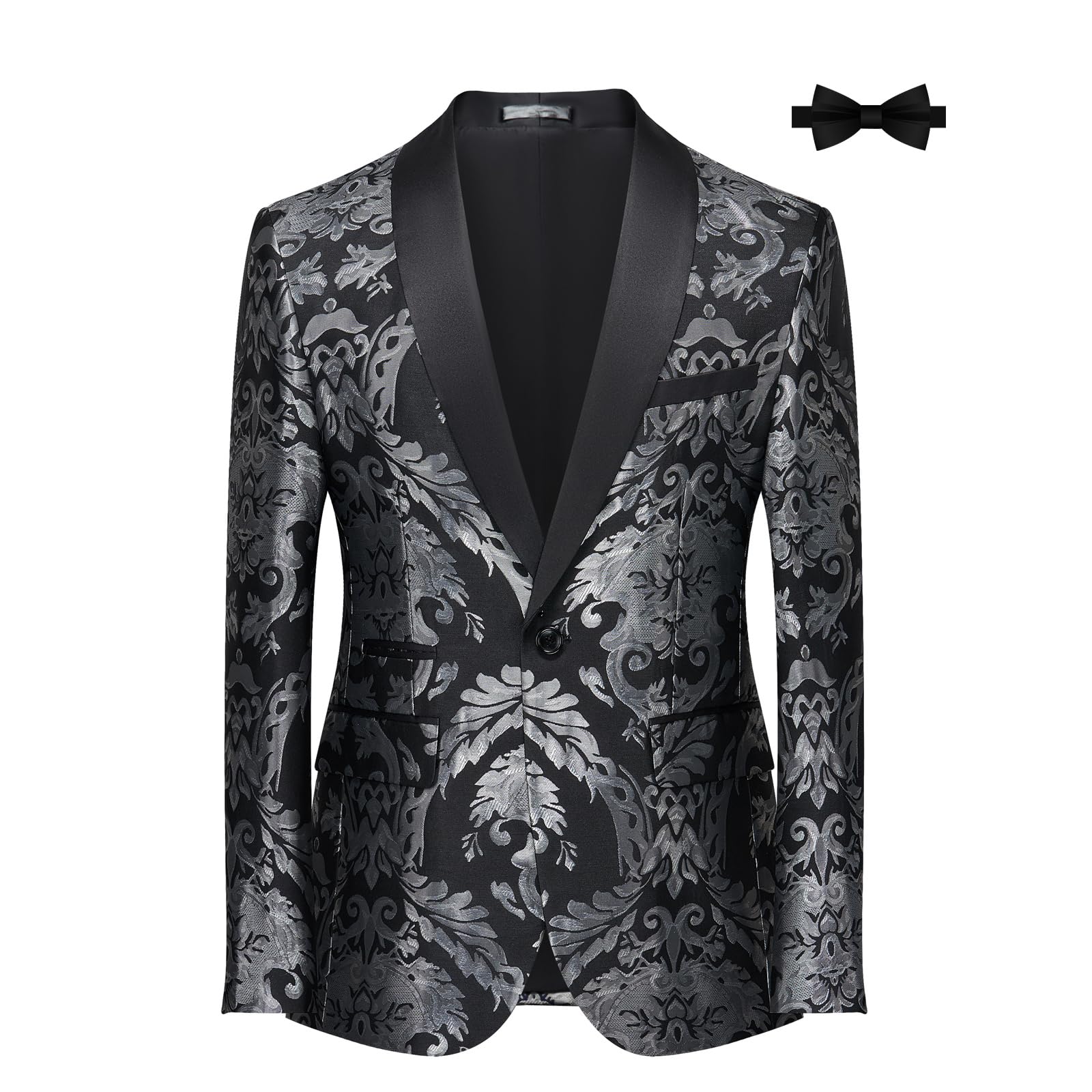 Photo 1 of Mgnaie Men Floral Blazer Jacket Black Slim Fit Tuxedo Blazer One Button Stylish Suit Jacket for Party Wedding Banquet Prom L