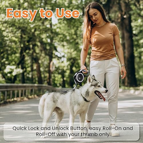 Miniatura 5 de Correas retráctiles para perros de 26 pies, cinta de nailon fuerte, sin enredos, gran correa resistente para perros de hasta 110 libras, pausa,