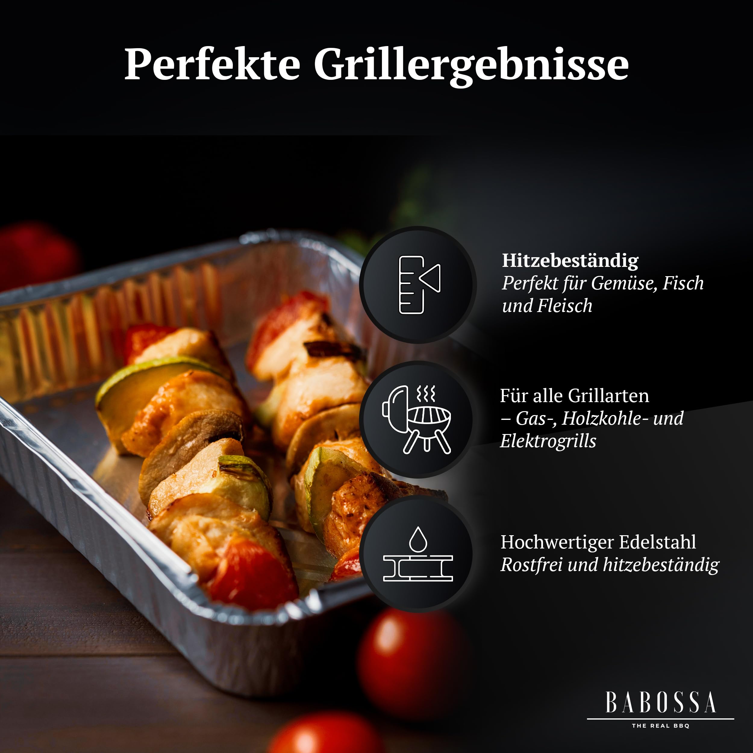 BABOSSA Grillschale (2er-Set) – Hochwertige Grillschale Edelstahl – Wiederverwendbar, spülmaschinenfest und rostfrei – Perfekt für Gemüse, Fisch & Fleisch – 100% Made in Germany