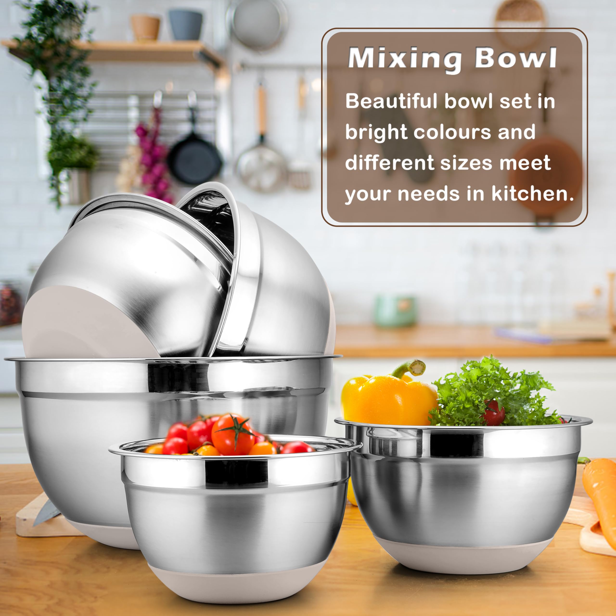 Set 5 Ciotole Acciaio Inox Con Coperchi - 4.5L/2.7L/1.6L/1.1L/0.7L, Lavastoviglie Safe