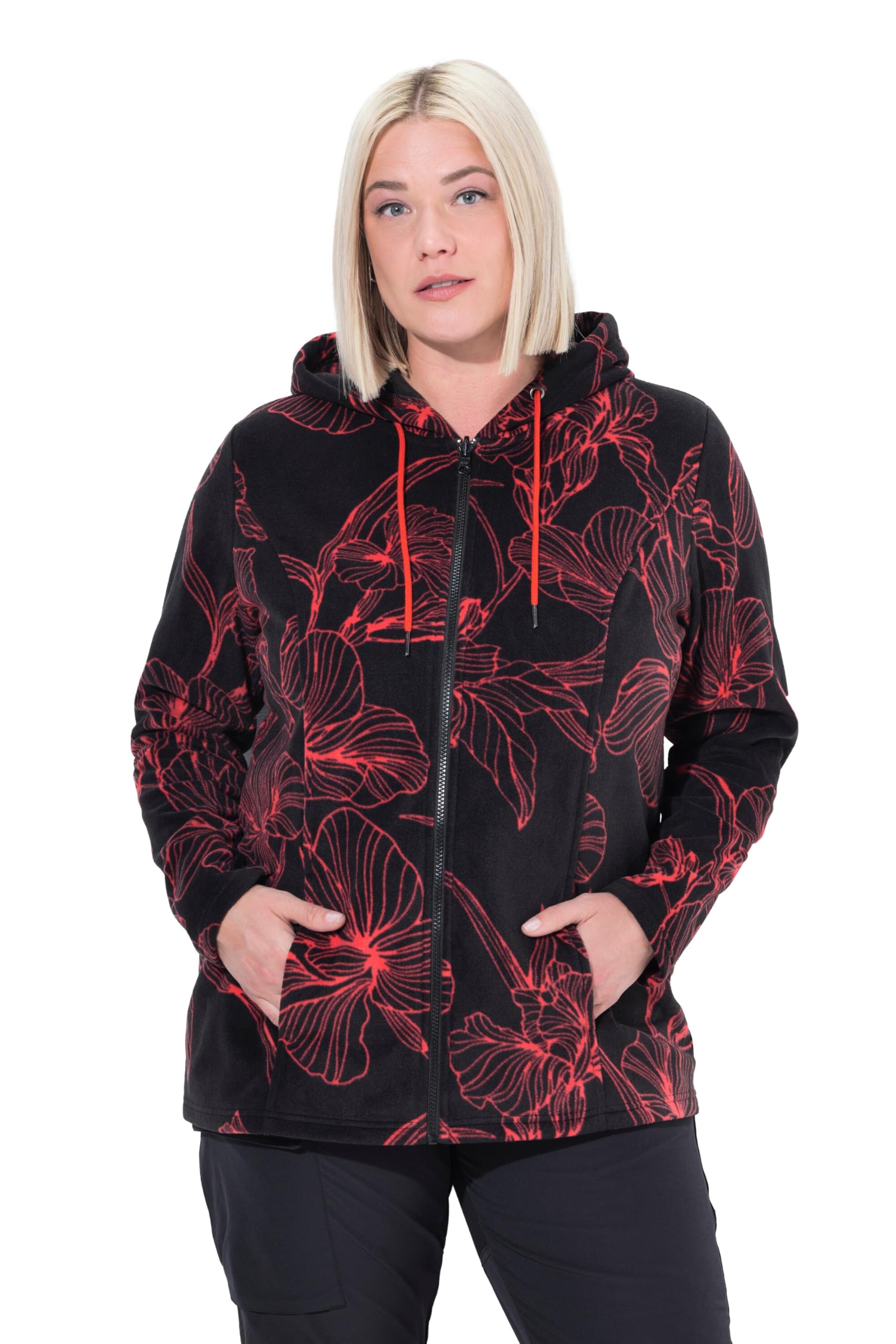 Ulla Popken Damen große Größen Übergrößen Plus Size Fleecejacke, Blütenmuster, Kapuze, Langarm 842758