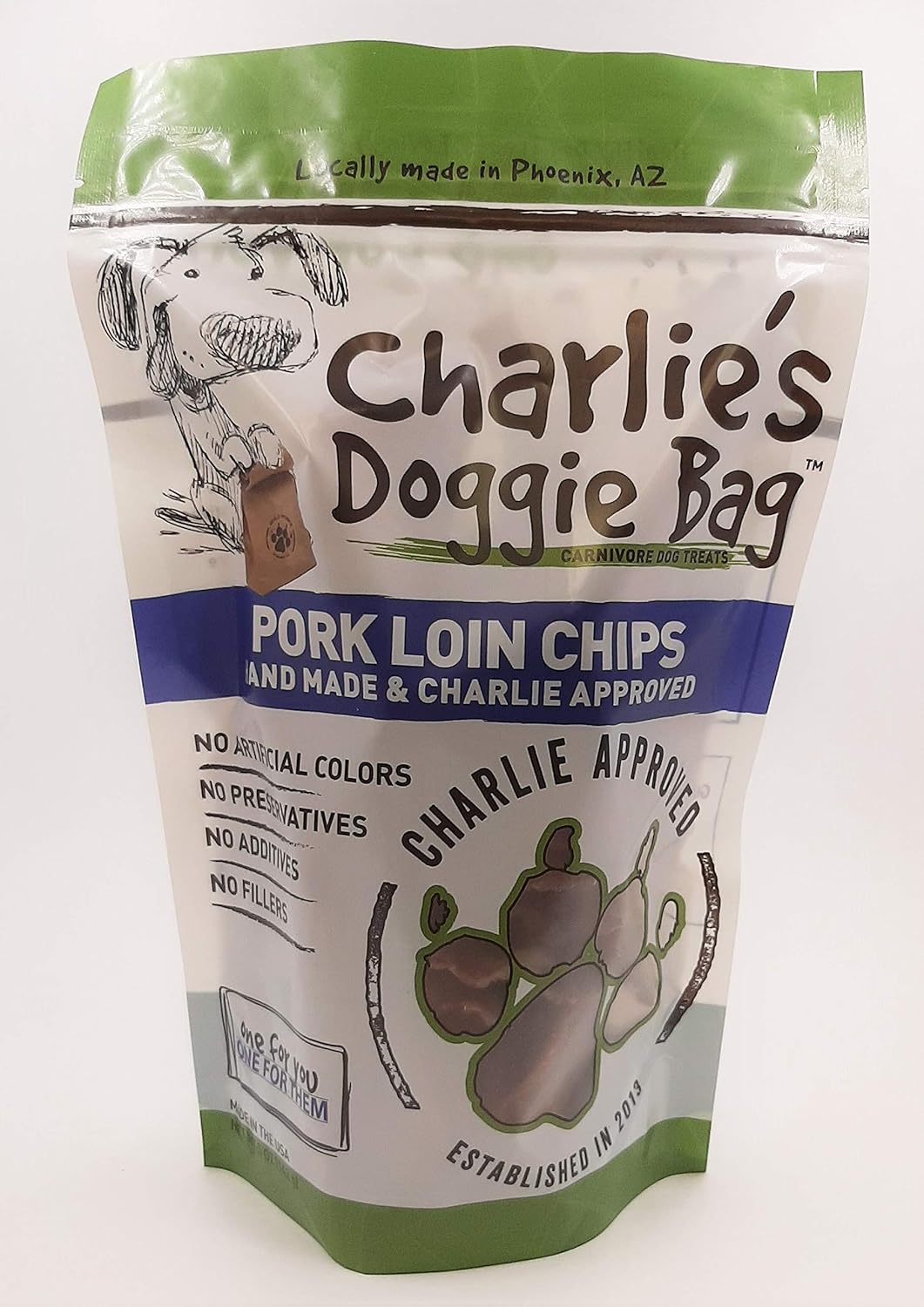 Jerky treats, dehydrated pork loin Charlie's doggie bag