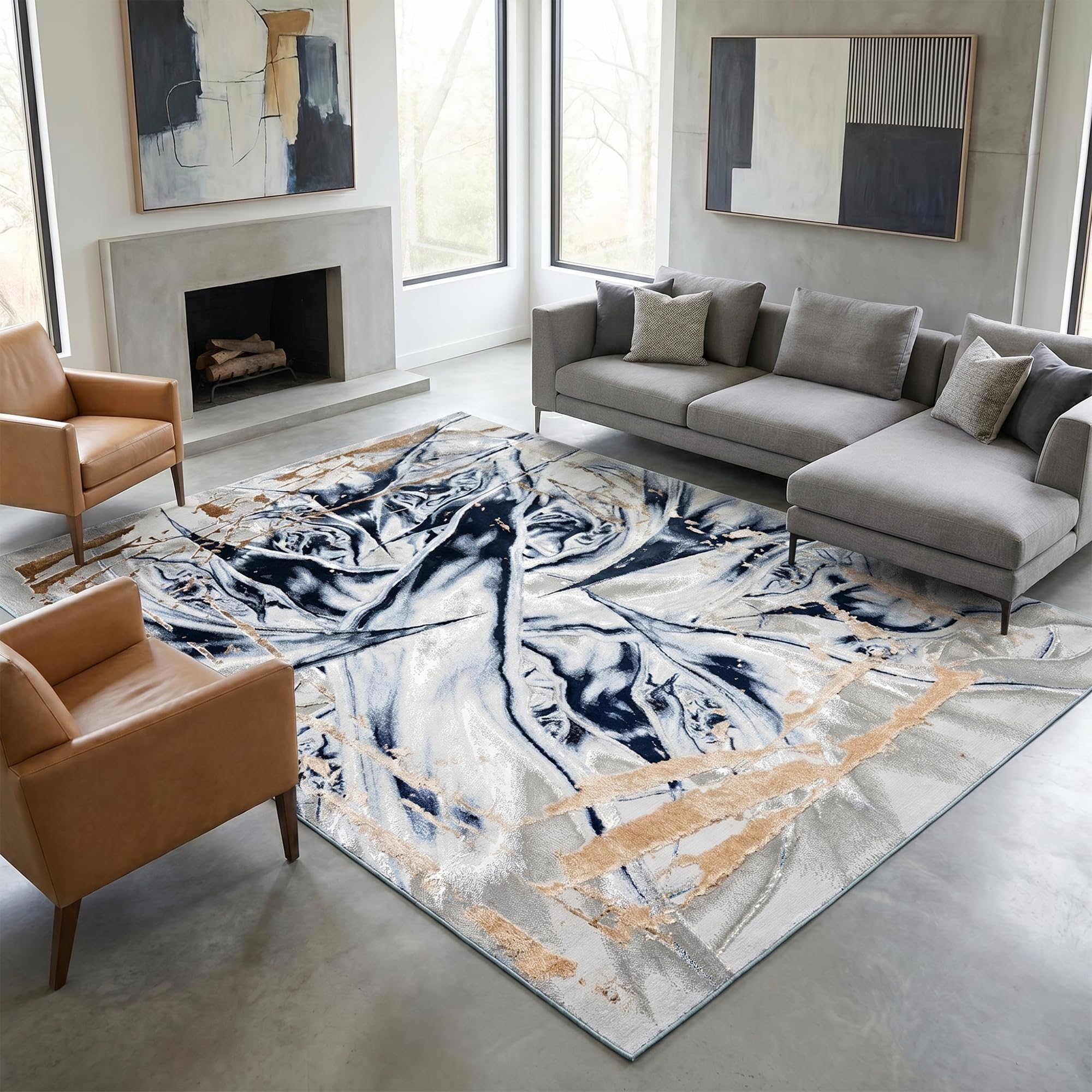 Rugs Inn Marble Luxe Rug - Large Fluffy Area Rug Carpet Washable Non-Slip Soft Modern Indoor Floor Rug for Living Room, Bedroom, Hallway, Lounge (Blue 2, 200x290 cm)
