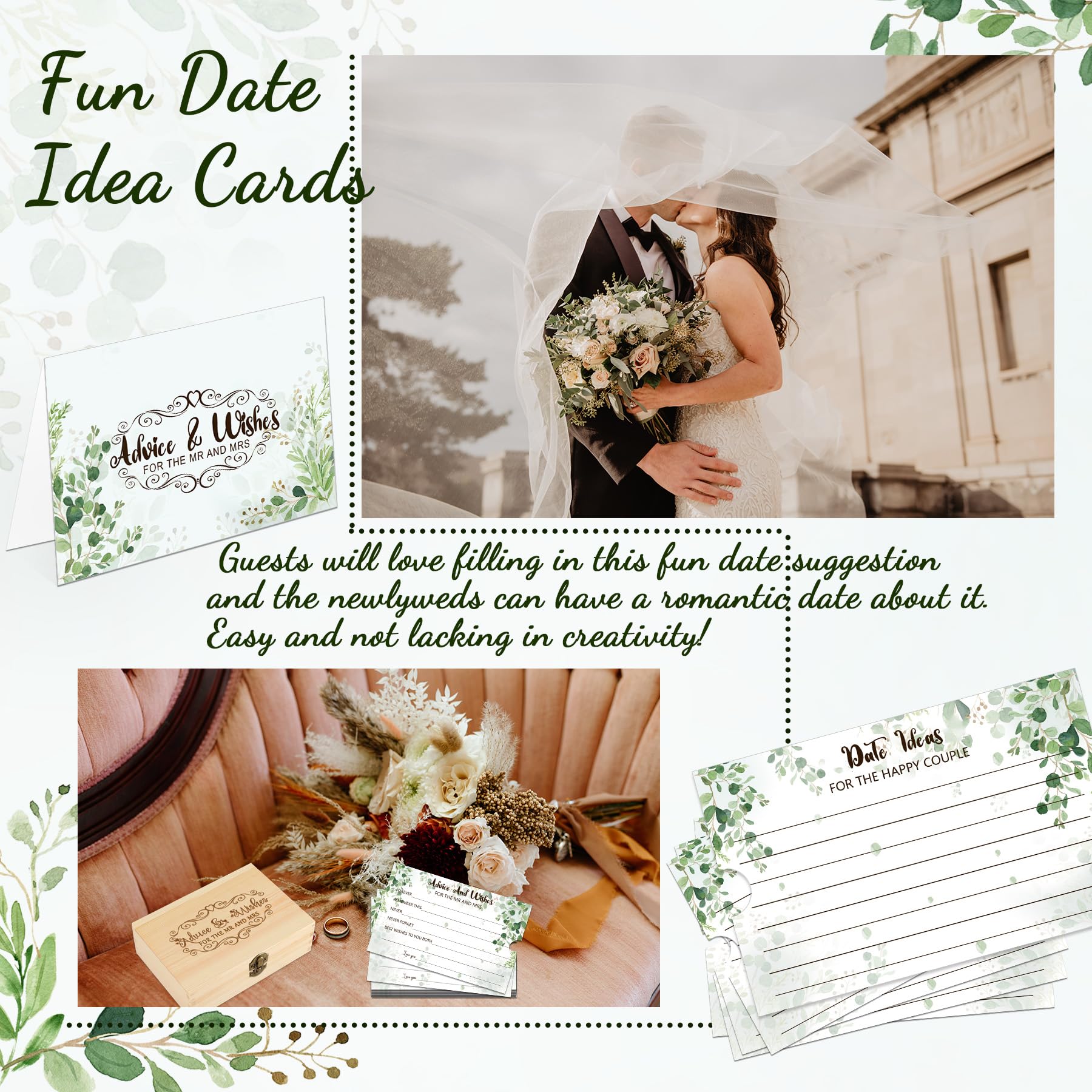 Cartes Conseils Mariage 1DFAUL - Lot De 60 Cartes + Boîte Bois - Pour Livre D'or Et Jeux De Mariage