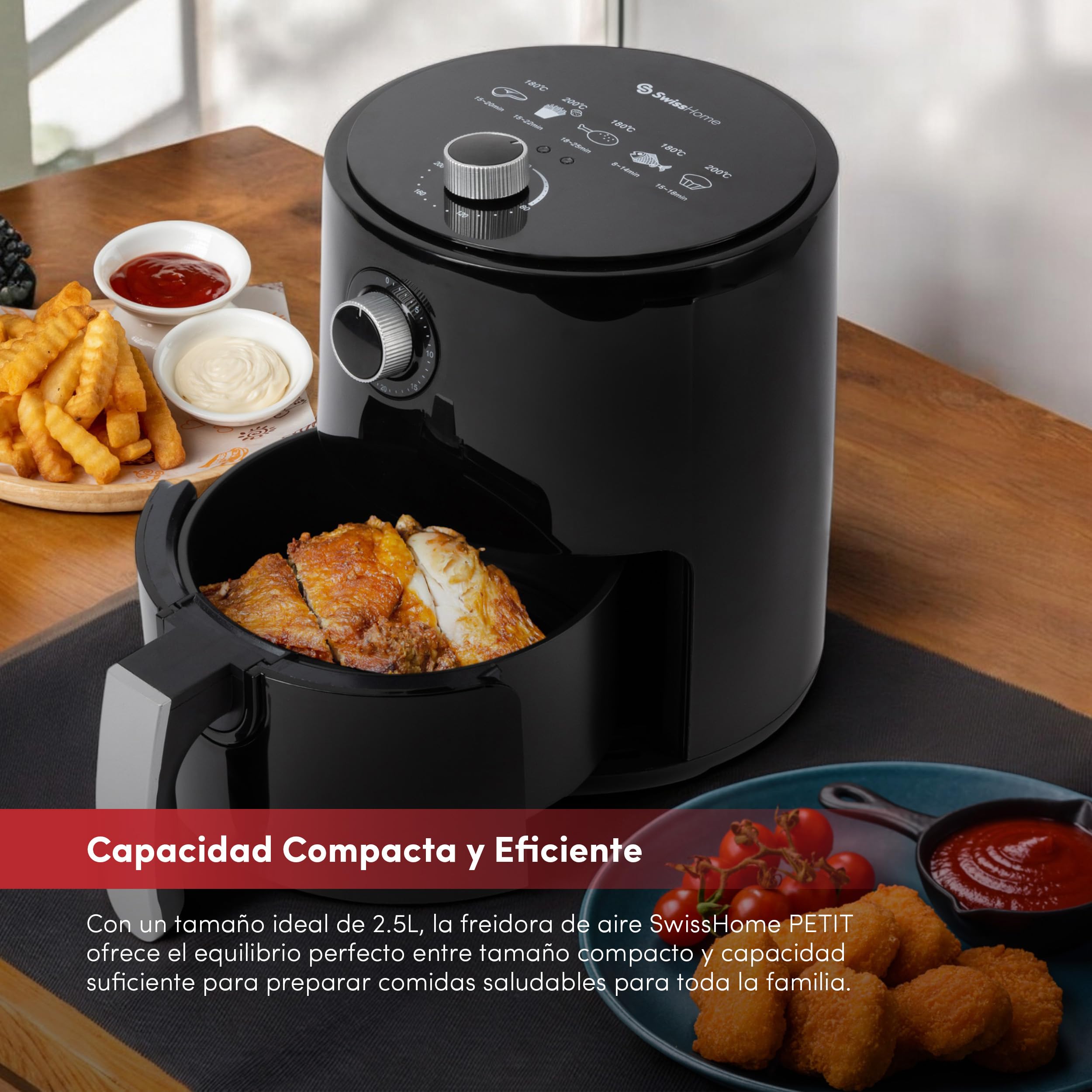 Freidora de aire 2.5L 1200W con temporizador de 30min y mango antideslizante SwissHome