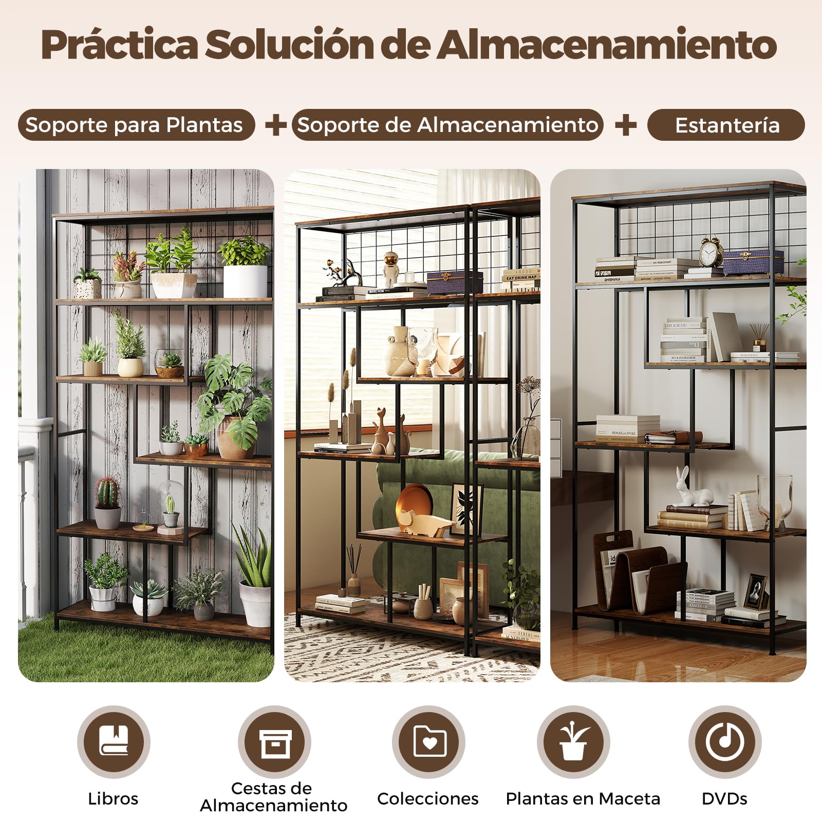 GOPLUS Estantería Alta de 6 Niveles, Librería Industrial de Madera con 6 Compartimentos, Rejilla Metálica, Dispositivo Antivuelco, Soporte Vertical Escalonado para Plantas, para Oficina, Salón
