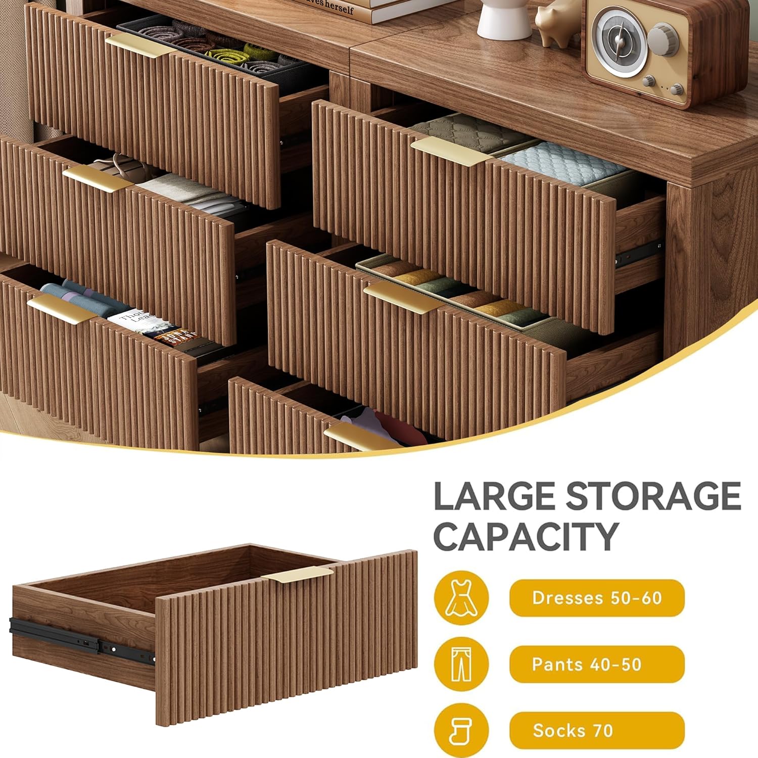 Nightstand with 3 Drawers, Dresser and Nightstand Sets, Bedside Tables, Mid Century Nightstands with 3 Wide Drawers for Bedroom, Kids’ Room, Hallway - Walnut - Image 7