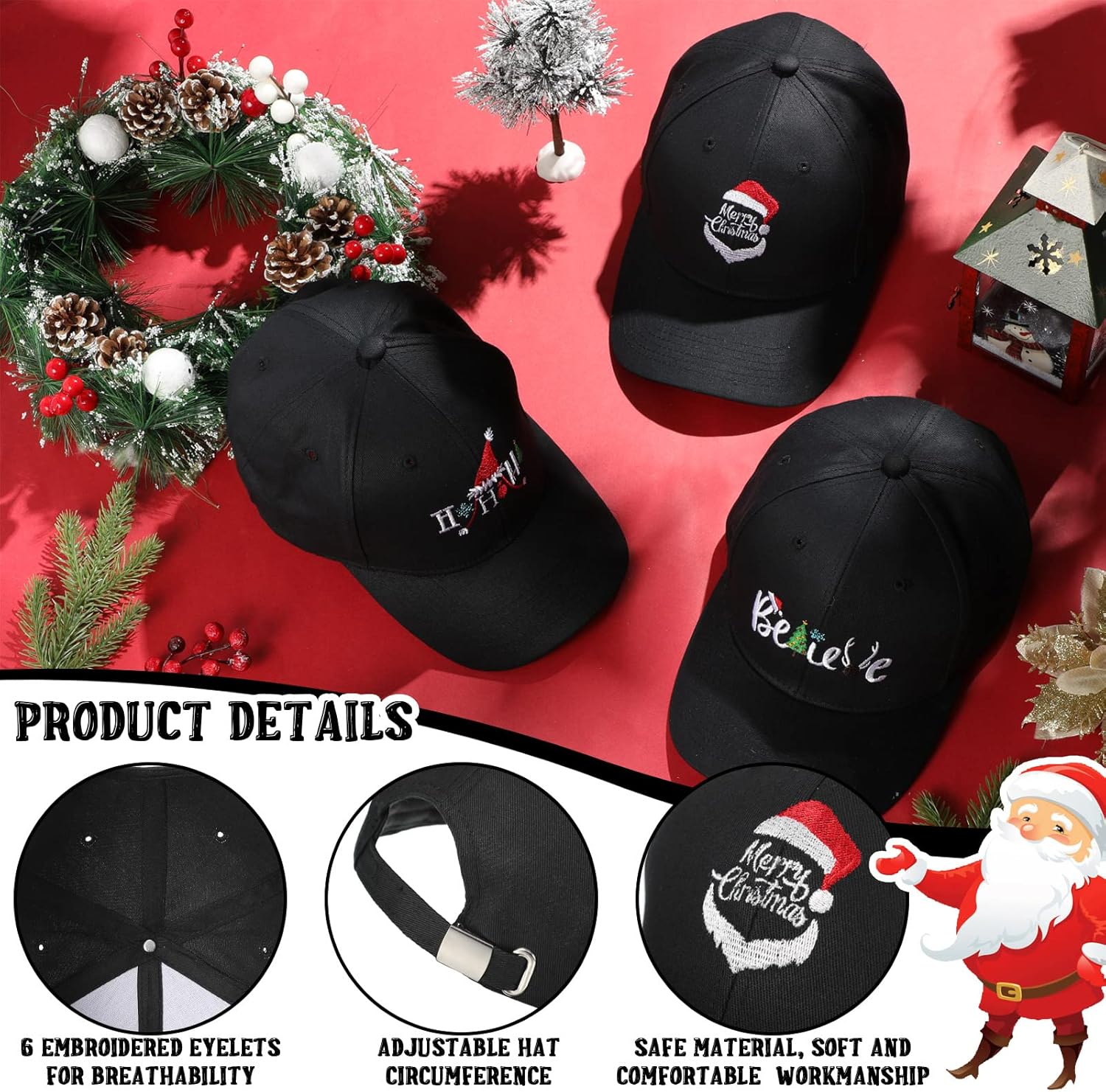 EBOOT 4 Pcs Christmas Baseball Hat Christmas Golf Hat Santa Cap for Women Men Funny Xmas Cap Adjustable