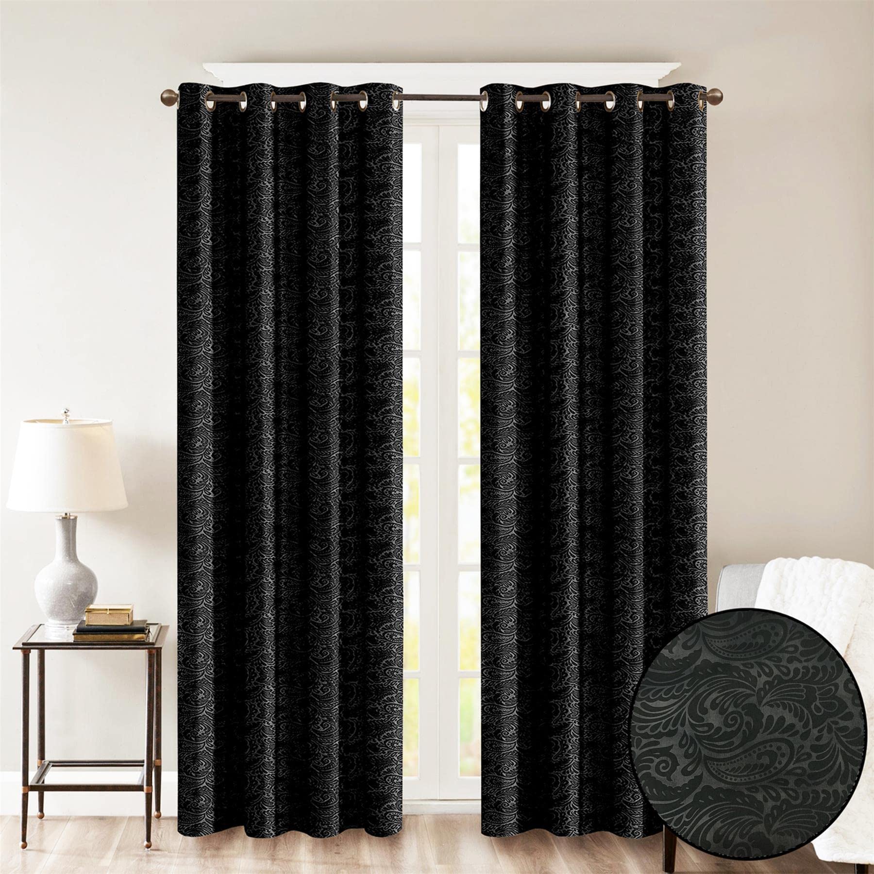 Roseley Black Embossed Eyelet Curtains Leafy Paisley Patterns Elegant Out Living Room Bedroom Dimout Window Treatment [, 46'' X 54'']