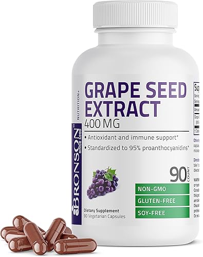 Bronson Extracto de semilla de uva 400 mg - Antioxidante y apoyo inmunológico - Extracto estandarizado con 95% de proantocianidinas - Sin OMG, 90