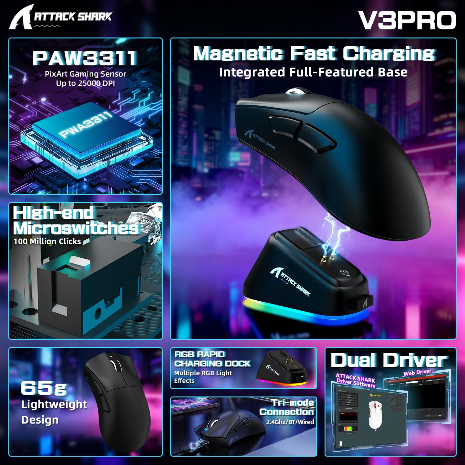 ATTACK SHARK V3PRO Mouse Gaming Senza Fili Con Dock Ricarica Magnetico, PixArt PAW3311, Fino A 25000 DPI, BT/2.4GHz/Filiato, 100M Clic, 500mAh, 65g Ultra-Leggero Per Win11/Xbox/PS/Mac - Nero