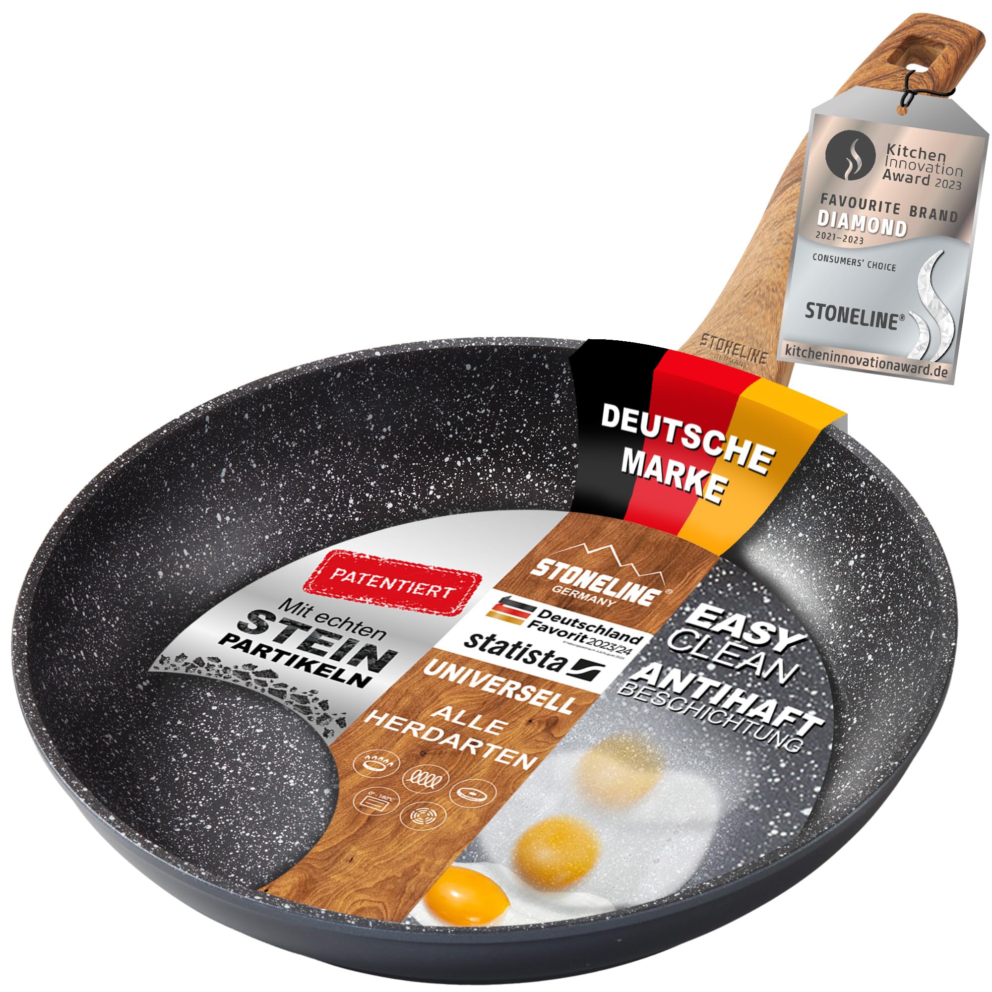 STONELINE Back to Nature Bratpfanne 28 cm, Made in Germany, antihaft beschichtete Pfanne mit echten Steinpartikeln, alle Herdarten inkl. Induktion, fettfreies Braten