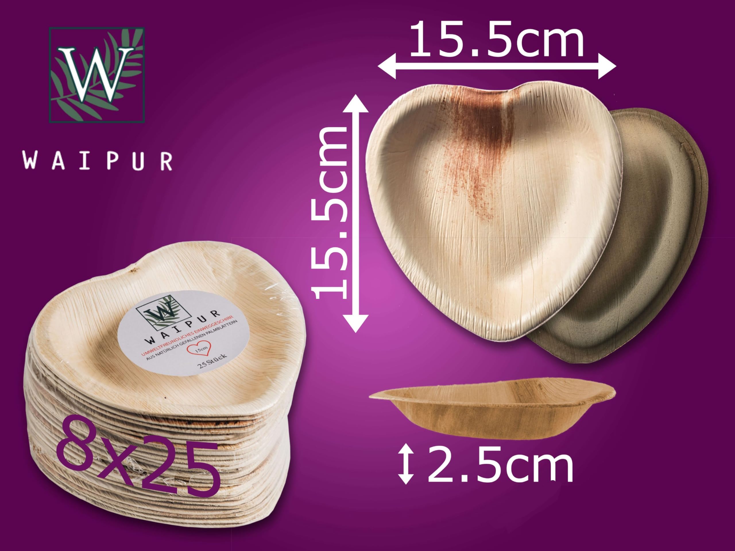 200 Platos Desechables de Hoja de Palma Orgánicos - Corazón 15 cm - Vajilla Ecológica Elegante - Estable, Natural y Compostable - Menaje de Fiesta - Estilo Madera - similar al Bambu