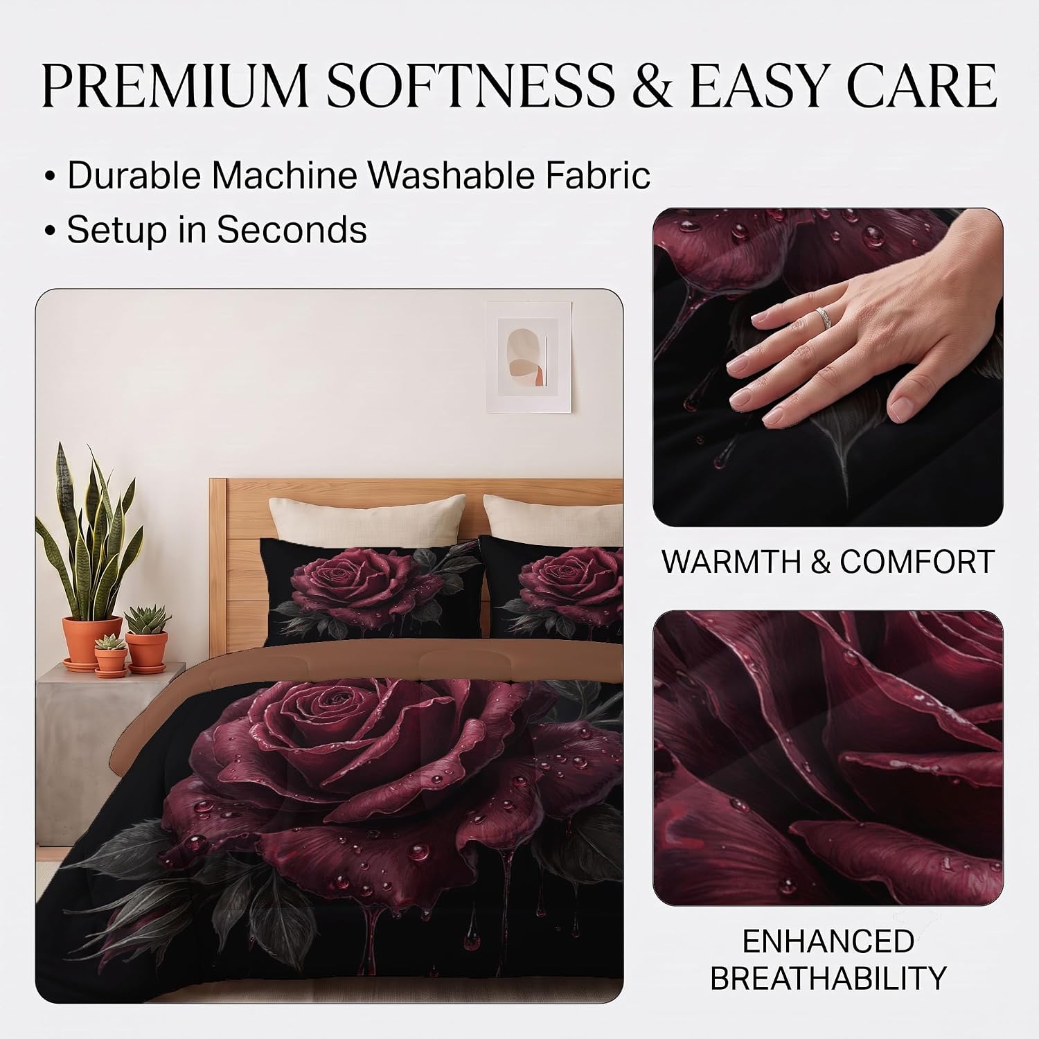 Dark Gothic Comforter Set Queen Size, Rose Branches and Leaves Bedding Set for Girls Boys, Dark Quilt Bed 90"X90" Bedding Comforter Sets with 2 Pillowcase Room Decor