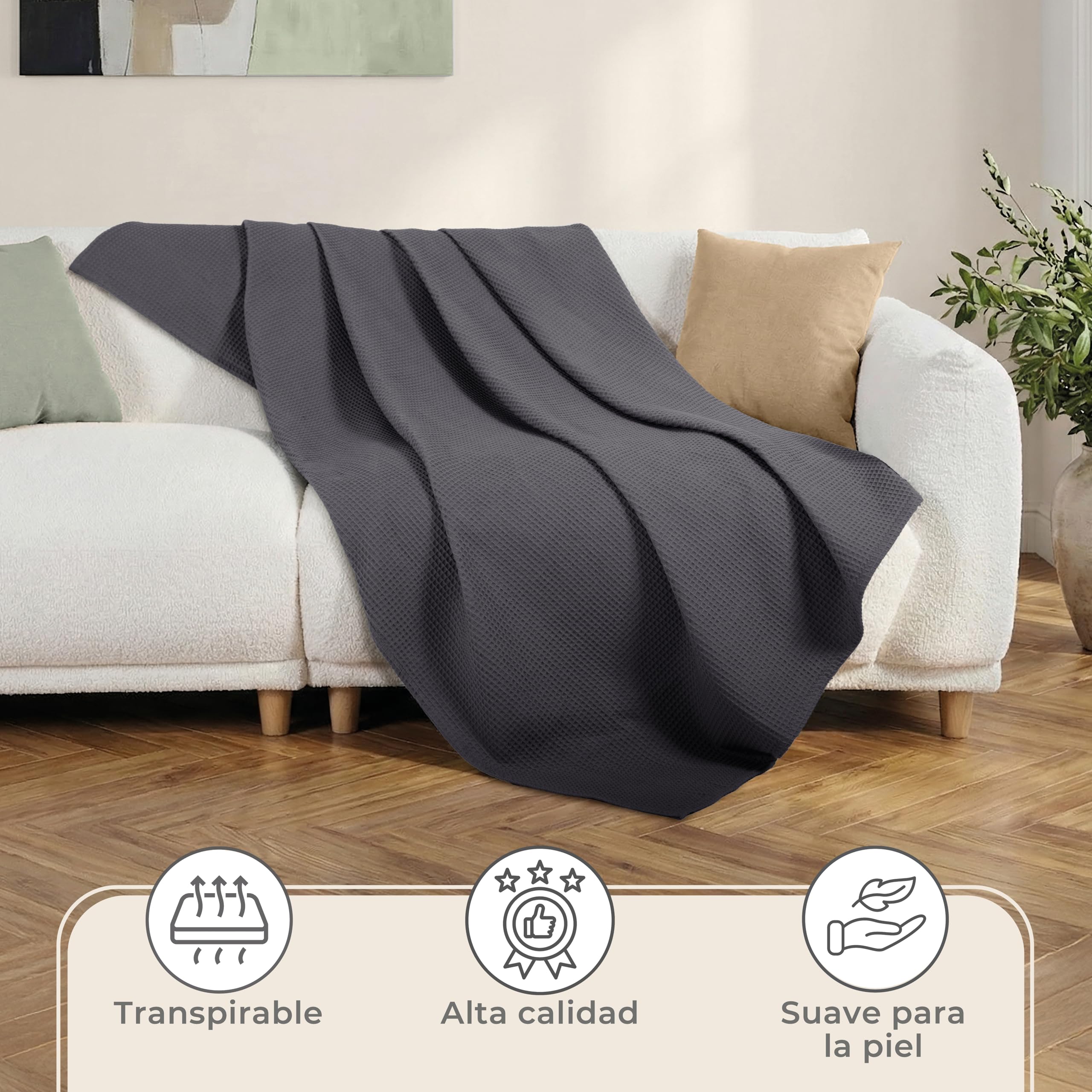 LAYNENBURG Manta para Sofá Verano 150 x 200 cm - Waffle Pique 100% Algodón - cocha Ligera de Verano - Manta de algodón como Manta de Cama, de sofá - Manta de sofá aireada (Antracita)