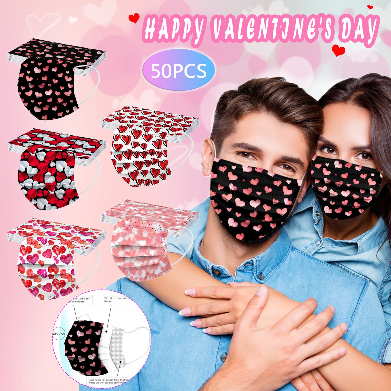 50Pcs Valentines Masks Disposable for Women Graphic Holiday Adult Red Heart 2024 Disposable 3 Ply Earloop Face Masks