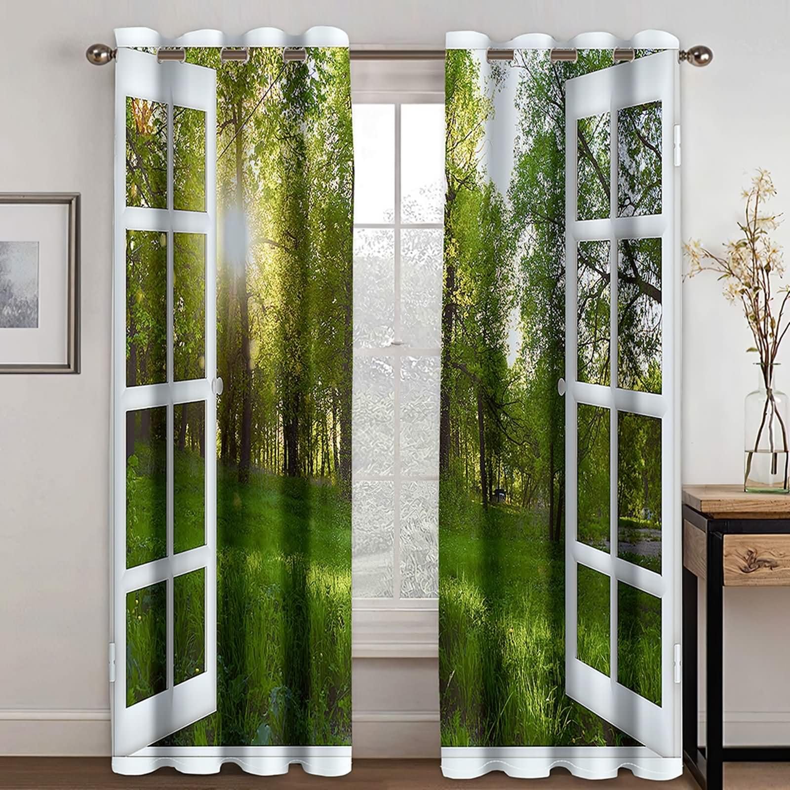 Wärmeisolierende Vorhänge 2er Pack,2 x 214W x 274H cm,Ösen Gardinen Küche Fenster und Waldlandschaft Vorhang für Küchen Modern Weiß Grün