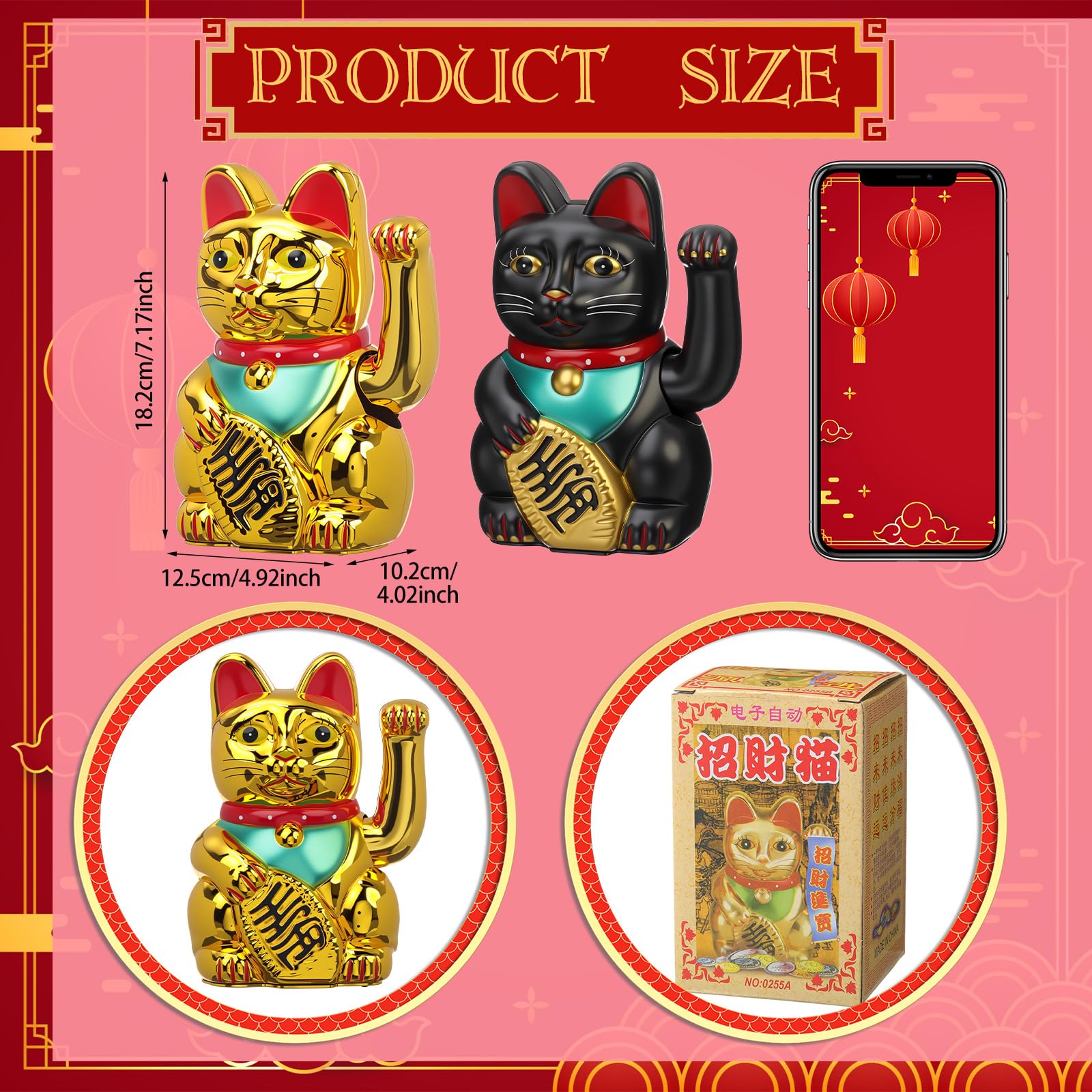 2 piezas de 7 pulgadas de gato de la suerte agitando brazo Maneki Neko Lucky Fortune Cat Fengshui decoración acogedora para el hogar, oficina, restaurante, tienda, regalos, decoración, funciona
