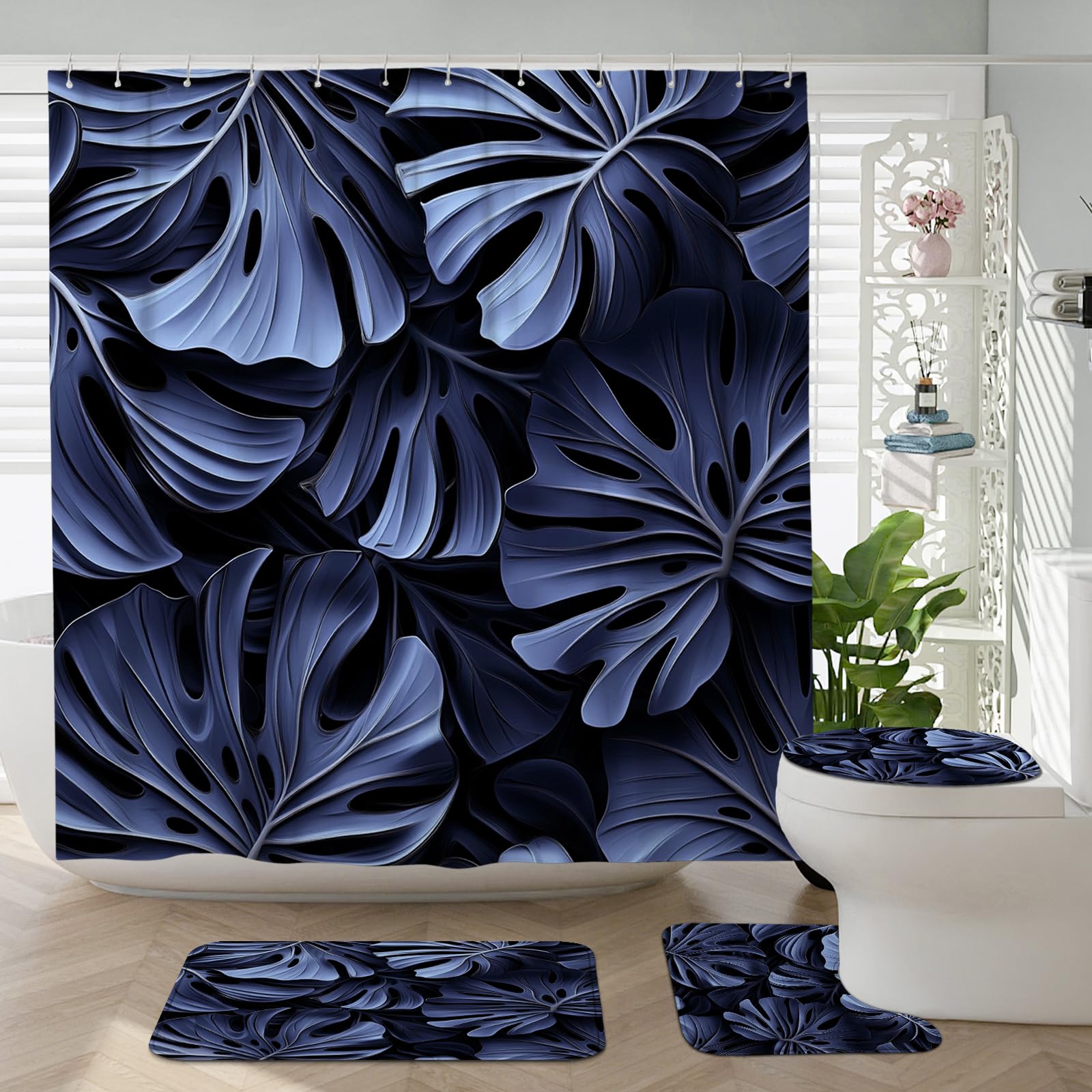 4PCS Simple Vintage Monstera Bathroom Accessory Sets with Non-Slip Rug, U Shape and Toilet Lid Cover Mat, 3D Tropical Leaves Bathroom Fabric Decor-72''x72''