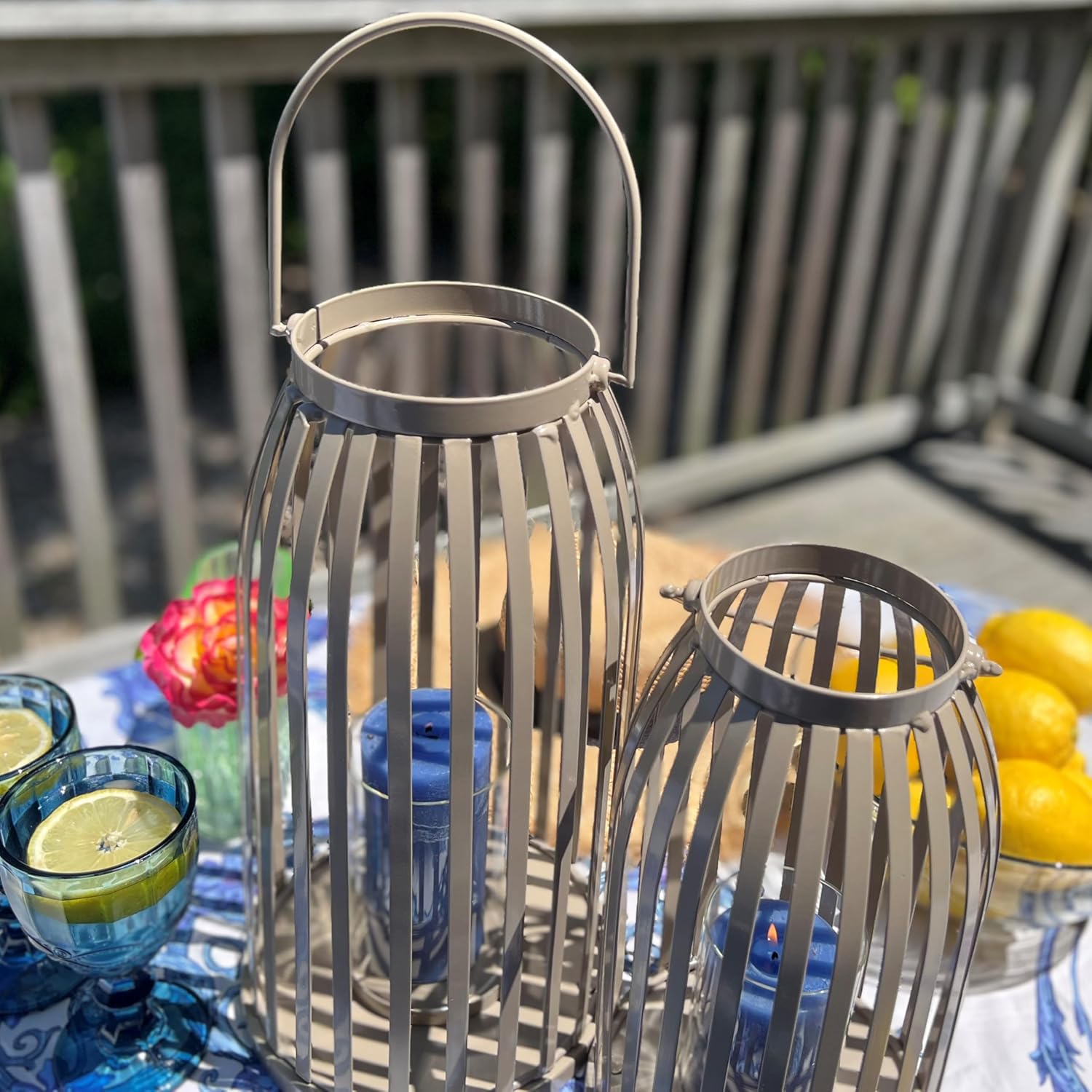 Key West Cage Hurricane Lanterns, Set of 2, Light Brown, Ribbed, Metal Frame, Handle, Glass, 15.75 and 12.5 Inches, Modern Tropical Design