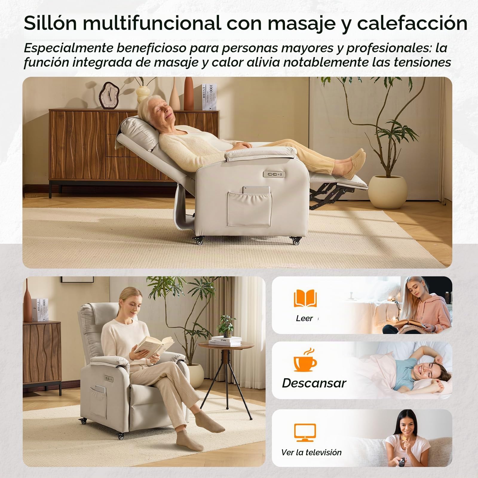 Bonnlo Sillón de relax, sillón de televisión, sillón de masaje eléctrico con función reclinable, sillón de TV, masaje de 2 puntos y función de calor, puertos USB-C y USB-A, 1 bolsillo lateral, piel