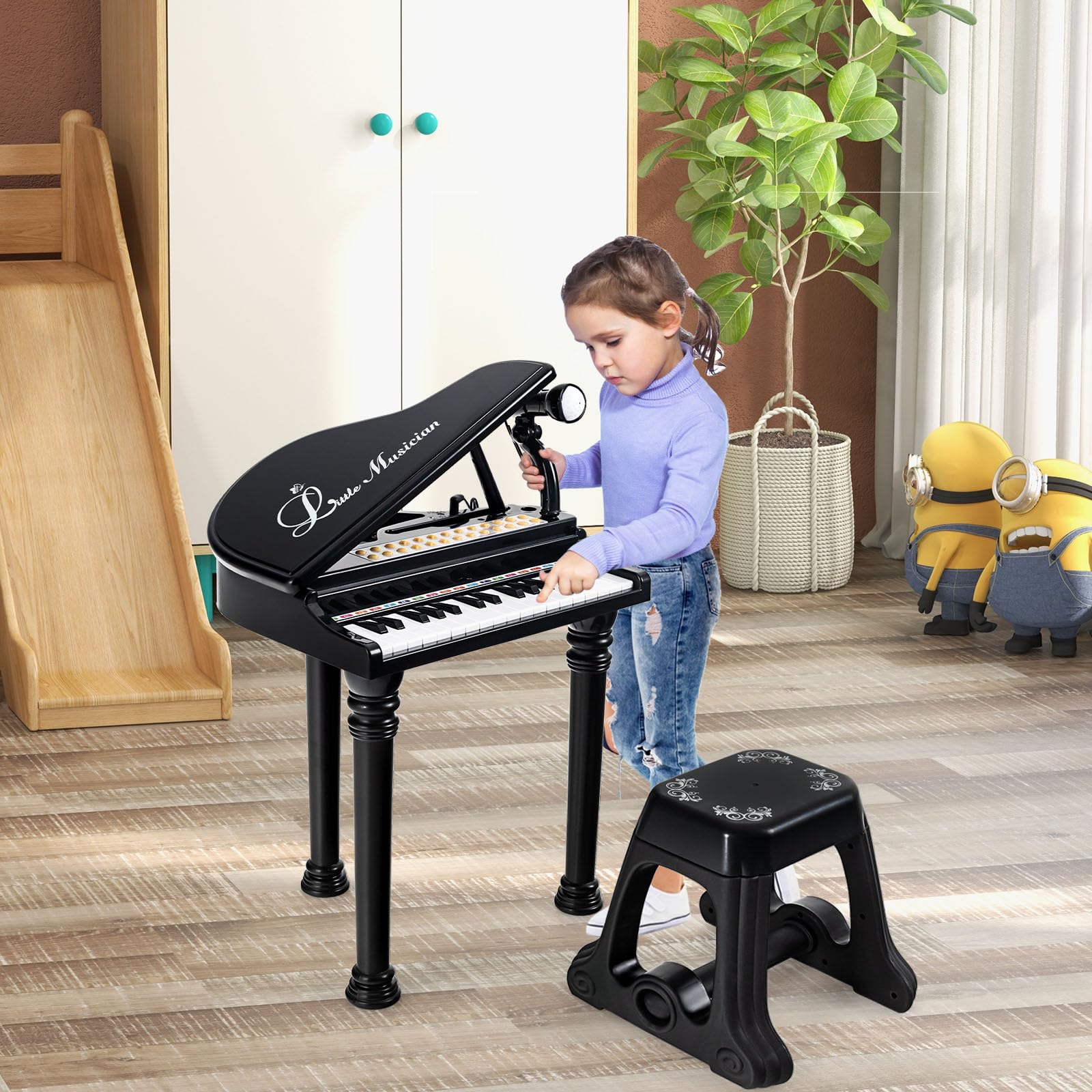 SOARS Piano de Cola Infantil 31 Teclas, Juguetes Musicales con Taburete, Piano Infantil Multifuncional con Micrófono y Luces para Guiar la Enseñanza, con Karaoke Modo, para Niños +3 Años (Negro)