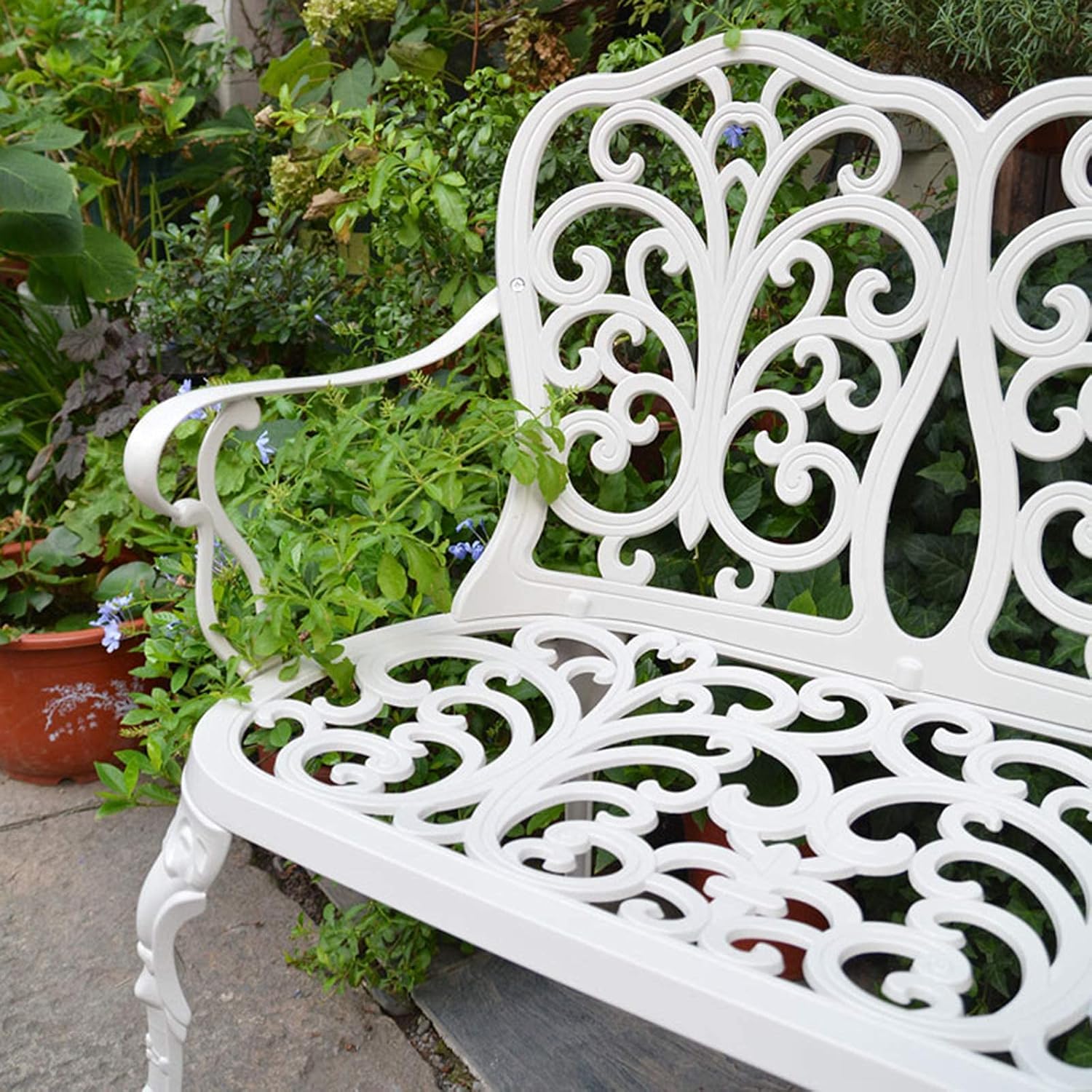 Outdoor Garden Park Bench Leisure Terrace Benches Anti-Rust and Anti-Corrosion Cast Aluminum Metal Bench Comfortable 2-Seater Courtyard Bench Carved Decorative Bench (White) (White)