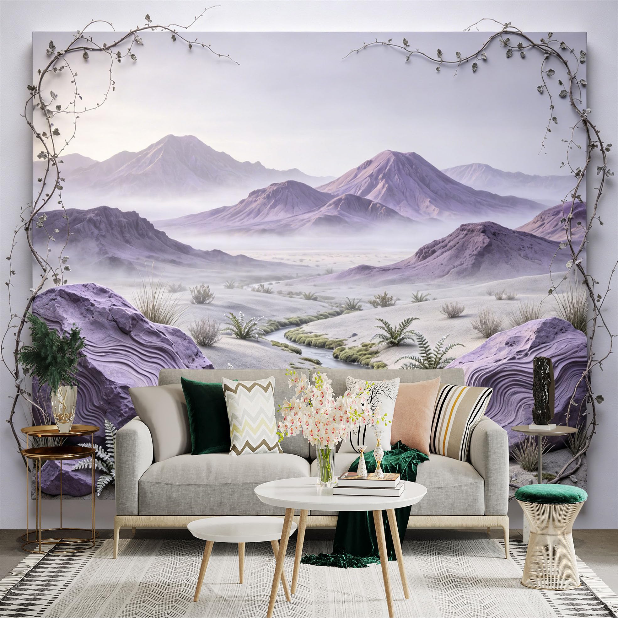 Custom Size Wall Sticker Mural， Lavender Desert Landscape with Mountains， Stream and Rocks， for wall Decoration， peelandstick wall Decals.
