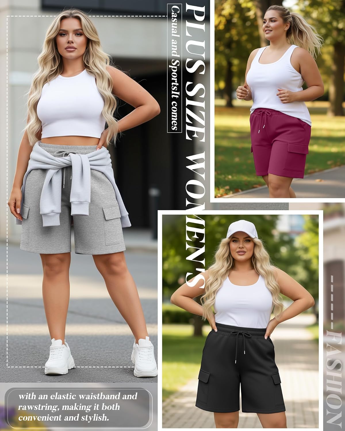 Neer 3 Pack Women's Plus Size Cargo Shorts Elastic Drawstring Bermuda Short Casual Loose Athletic Yoga Shorts with 4 Pockets - Image 4